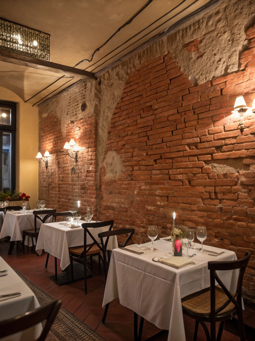 Simulated brick accent wall in a dining room