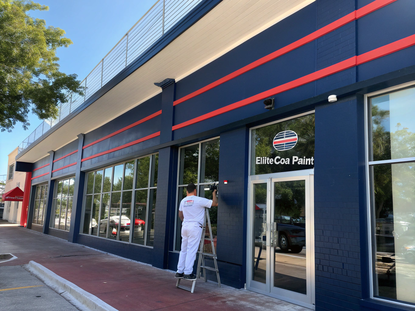 Fresh exterior paint job on a commercial building